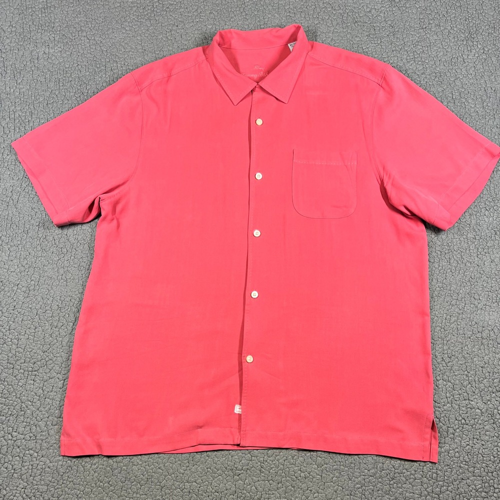 Tommy Bahama Mens XL Silk Short Sleeve Button Down Shirt Coral Pink Herringbone